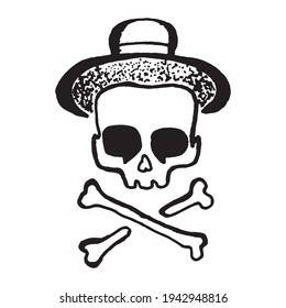 Black and white vintage etched art. Ink drawn ghotic clipart for sticker, tattoo, print. Spooky human skull in wide brimmed hat. Halloween character.