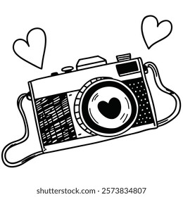 Black and white vintage film camera with a heart-shaped lens. Perfect for retro design projects. photography nostalgia antique classic photographic love romantic valentines 