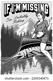 Black and white vintage fishing poster with a pin up girl sitting on the fish