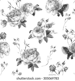 Black and White Vintage Floral Seamless Background with Blooming English Roses, Vector watercolor Illustration 