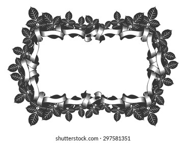 Black and white vintage frame in the color of ribbons intertwined with leaves of rose