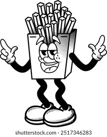 black and white vintage french fries mascot illustration, retro illustration with funny pose, for sticker or shirt illustration.