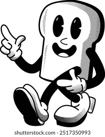 black and white vintage friendly bread mascot illustration, retro illustration with funny pose, for sticker or shirt illustration.