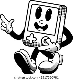 black and white vintage friendly console gaming mascot illustration, retro illustration with funny pose, for sticker or shirt illustration.