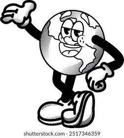 black and white vintage funny earth mascot illustration, retro illustration with funny pose, for sticker or shirt illustration.