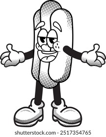 black and white vintage funny hot dog illustration, retro illustration with funny pose and face, for sticker or shirt illustration.