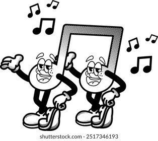 black and white vintage funny music note mascot illustration, retro illustration with funny pose, for sticker or shirt illustration.