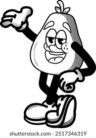 black and white vintage funny pear mascot illustration, retro illustration with funny pose, for sticker or shirt illustration.