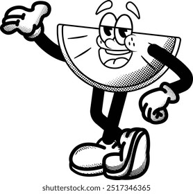 black and white vintage funny watermelon mascot illustration, retro illustration with funny pose, for sticker or shirt illustration.