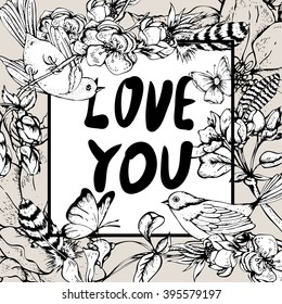 Black and white vintage garden spring greeting card. Blooming branches of cherry, apple trees, peach birds and butterflies, Love you vector botanical illustration. Floral design elements