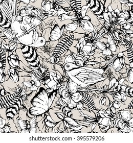 Black and white vintage garden spring seamless pattern. Flowers blooming branches of cherry, apple trees, peach birds, feathers and butterflies, Vector botanical illustration. 