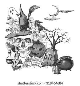 Black and White Vintage Hand-drawn Halloween Invitation Card with Skull, Dead Day Vector Illustration.