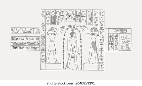 Black and white vintage illustration line art egypt design, isolated on white, vector. 