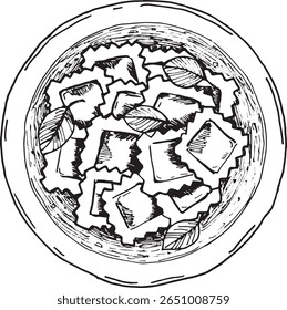 Ilustração vintage preto e branco de massa ravioli em uma tigela com manjericão, perfeito para menus, livros de receitas, embalagens ou blogs de comida italiana.


