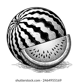 Black and white vintage illustration of a watermelon, hand drawn in ink. Vector illustration in vintage engraving style. Traditional art on white isolated background for food packaging design. 