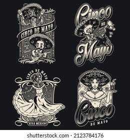 Black and white vintage labels collection with cheerful cactus and chili pepper playing musical instruments, skeleton musician with trumpet, dead dancer in dress, waitress with cocktail glass, vector
