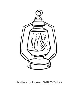 Black and white vintage lantern with a flame illustration. Perfect for traditional and rustic designs.