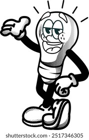 black and white vintage lightbulb mascot illustration, retro illustration with funny pose, for sticker or shirt illustration.