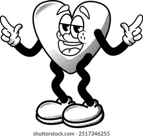 black and white vintage love mascot illustration, retro illustration with funny pose, for sticker or shirt illustration.