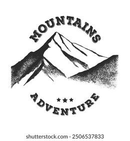 Black and white vintage mountain illustration suitable for outdoor adventure branding, logos, and merchandise. Ideal for hiking, camping, and exploration-themed designs.
