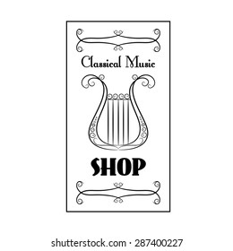 black and white vintage poster classical music shop with the image of a harp on the white background