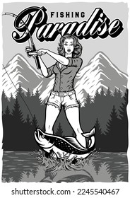 Black and white vintage poster with a pin up girl on a fishing trip with a lake and mountains