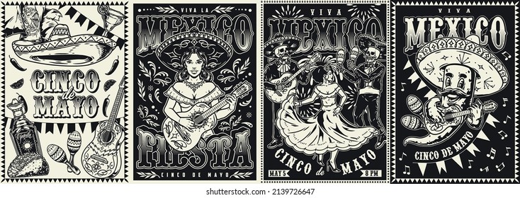 Black And White Vintage Posters Set With Sombrero Hat, Painted Guitar, Maracas, Tequila, Taco, Female Guitarist, Woman Dancing To Music Of Mariachi Band, Chili Pepper Playing Guitar, Vector