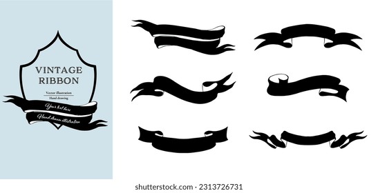 Black and white vintage ribbon banner vector set. Hand drawn line art.