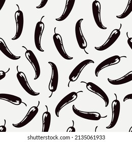 Patrón ininterrumpido de color blanco y negro con chile picante, ilustración vectorial