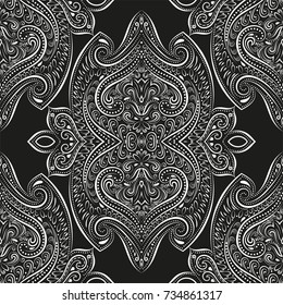 Black and white vintage seamless pattern. Flourish ornament illustration.Traditional, Arabic, Turkish, Indian motifs. Great for fabric and textile, wallpaper, packaging, or any desired idea.