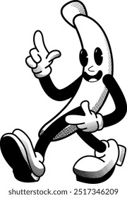 black and white vintage simple banana mascot illustration, retro illustration with funny pose, for sticker or shirt illustration.