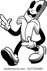 black and white vintage simple banana illustration, retro illustration with funny pose and face, for sticker or shirt illustration.