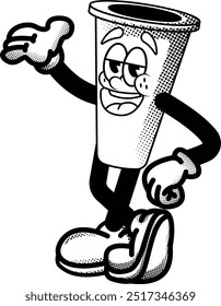 black and white vintage simple cup of coffee mascot illustration, retro illustration with funny pose, for sticker or shirt illustration.
