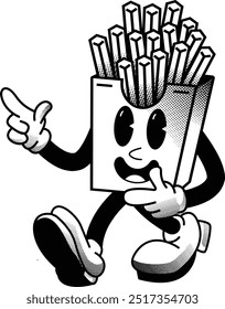 black and white vintage simple french fries illustration, retro illustration with funny pose and face, for sticker or shirt illustration.