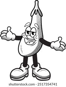 black and white vintage simple friendly eggplant illustration, retro illustration with funny pose and face, for sticker or shirt illustration.
