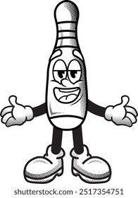 black and white vintage simple friendly bowling pin illustration, retro illustration with funny pose and face, for sticker or shirt illustration.