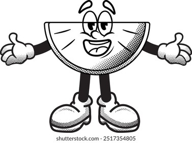 black and white vintage simple funny watermelon illustration, retro illustration with funny pose and face, for sticker or shirt illustration.