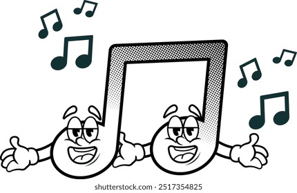 black and white vintage simple funny music note illustration, retro illustration with funny pose and face, for sticker or shirt illustration.