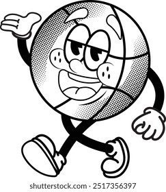 black and white vintage simple funny basketball illustration, retro illustration with walking pose, for sticker or shirt illustration.