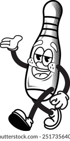 black and white vintage simple funny bowling pin illustration, retro illustration with walking pose, for sticker or shirt illustration.