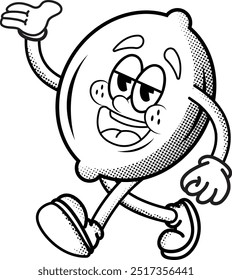 black and white vintage simple funny lemon illustration, retro illustration with walking pose, for sticker or shirt illustration.