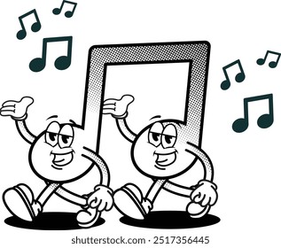 black and white vintage simple funny music note illustration, retro illustration with walking pose, for sticker or shirt illustration.