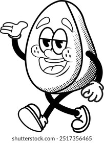black and white vintage simple funny avocado illustration, retro illustration with walking pose, for sticker or shirt illustration.