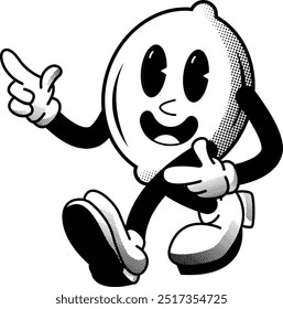black and white vintage simple lemon illustration, retro illustration with funny pose and face, for sticker or shirt illustration.