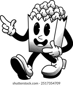 black and white vintage simple popcorn illustration, retro illustration with funny pose and face, for sticker or shirt illustration.