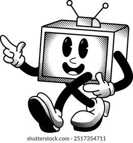 black and white vintage simple television illustration, retro illustration with funny pose and face, for sticker or shirt illustration.