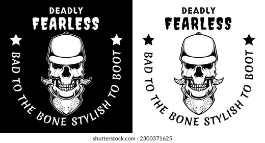 Black and White Vintage Skull Head Illustration in Snapback and Bandana