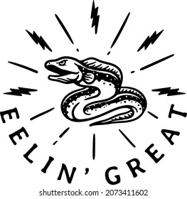 black and white vintage style electric eel logo on white background