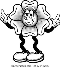 black and white vintage sunflower mascot illustration, retro illustration with funny pose, for sticker or shirt illustration.