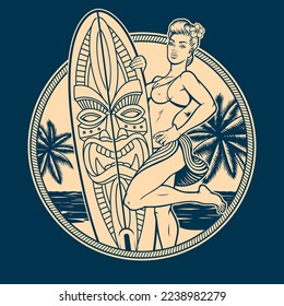 Black and white vintage surfing T-shirt design with a pin up girl on a beach